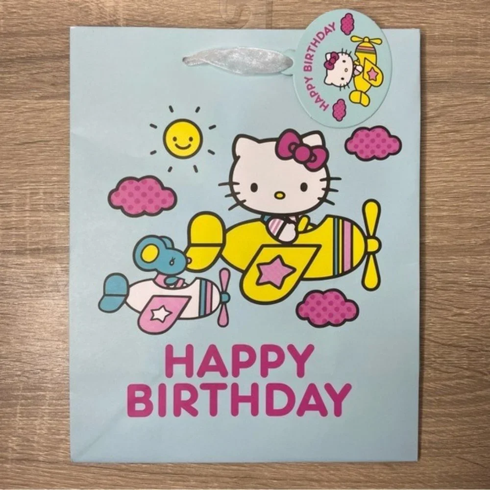 Hello Kitty Blue Pink Air Plane Happy Birthday Gift Bag NWT